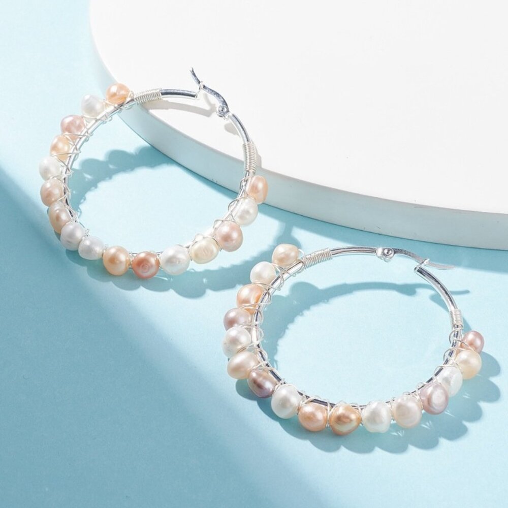 NWOT BIG Natural Pearl Wire Wrapped Beaded Hoop Earrings Silver Seashell Color
